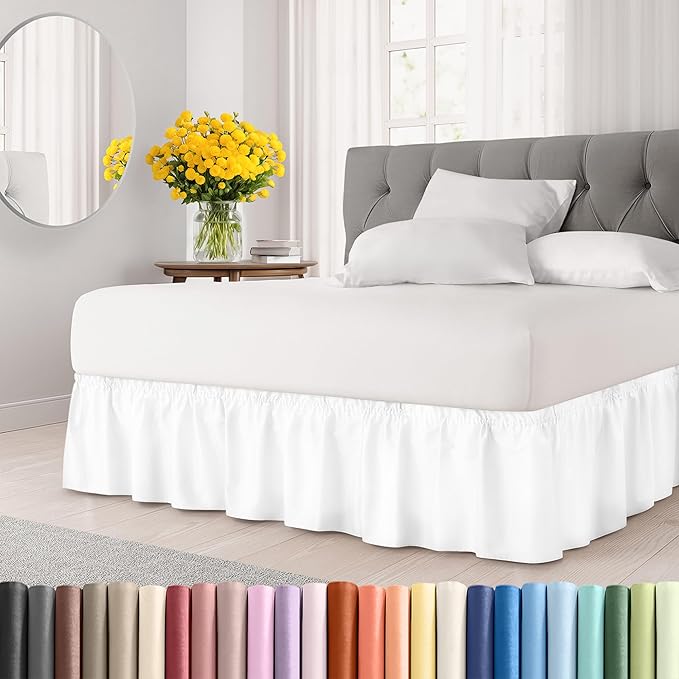 Wrap Around Dust Ruffle Bed Skirt - White - for King Size Beds with 24 Inch Drop - Easy Fit Elastic Strap - Adjustable Pleated Bedskirt w/Brushed Fabric - Wrinkle Free - for Women, Men, Kids & Teens