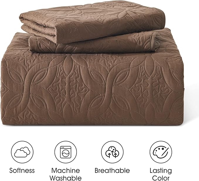 Auemtyn Full/Queen Size Quilt Set 3 Pieces, Soft Lightweight Summer Bedspread, Reversible Microfiber Bed Coverlet for All Seasons, Brown, Floral Pattern (1 Quilt, 2 Pillow Shams)