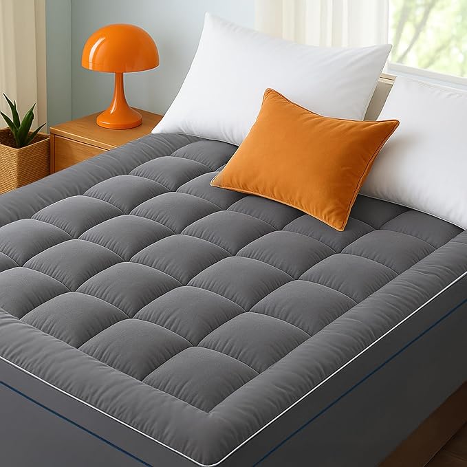 Bedsure King Mattress Topper - Pillow Top Mattress Pad Cover with Deep Pocket Fits up to 21 Inches, Plush Soft Bed Topper for Back Pain Relief, Overfilled with Down Alternative Filling, Grey
