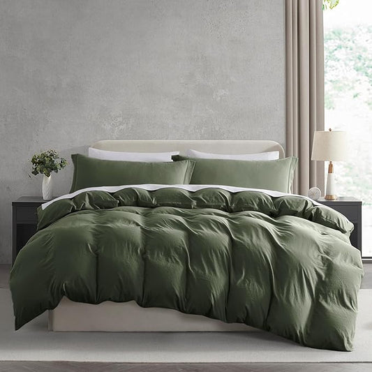 Nestl Olive Green Duvet Cover Queen Size - Soft Prewashed Queen Duvet Cover Set, 3 Piece, with Zipper Closure, 1 Duvet Cover 90x90 inches and 2 Pillow Shams