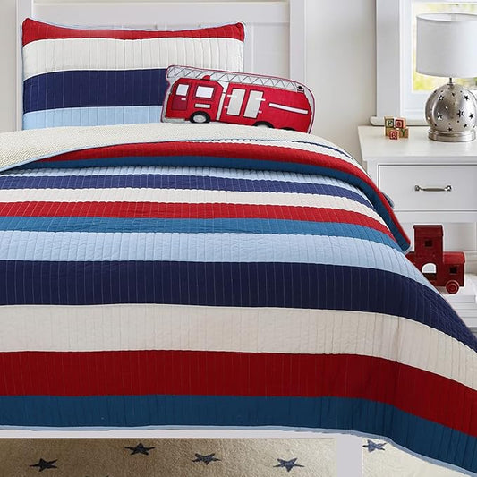Cozy Line Home Fashions Aaron Bedding Quilt Set, Nautical Navy Blue Red Off-White Striped 100% Cotton Reversible Coverlet Bedspread Bedding Set (National Stripe, Twin - 2 Piece)