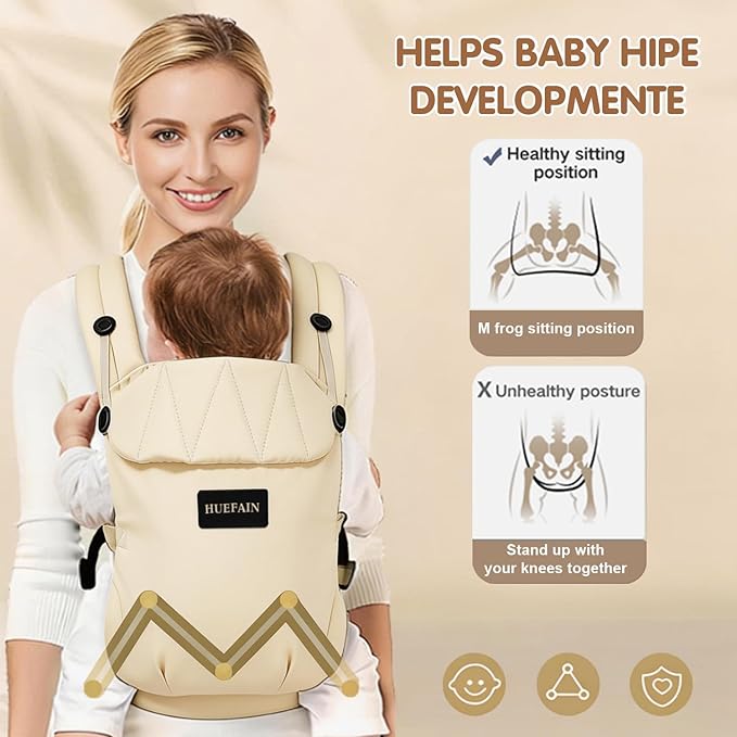 Baby Carrier (7–44 lbs), Soft Breathable Double-Shoulder Carrier with Adjustable Support, Ergonomic Design for Hip Positioning, Comfort Waist Support, Lightweight Hands-Free Baby Carrier (Beige)