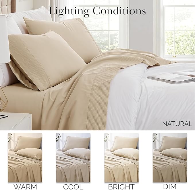 Southshore Fine Living, Inc. Pleated, 5-Piece Split King Sheet Set, 21-Inch Beige Sheets for Split King Adjustable Bed, 2 Deep Pocket Fitted Sheets, 1 Flat Sheet, 2 Beige Pillow Cases, Soft Sand