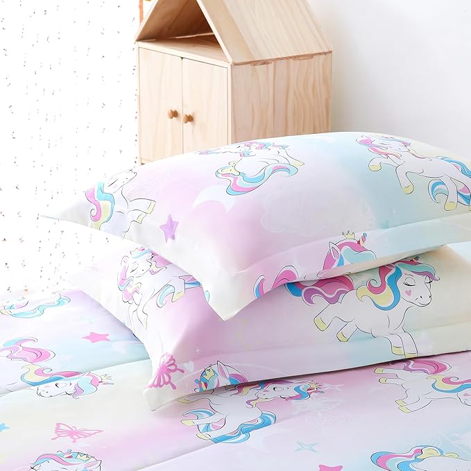 Yibeizi Twin Bed Comforter Set, Kids Lightweight All-Season Comforter Set Cute Rainbow Unicorn Pattern Microfiber Breathable Hypoallergenic Soft Oeko-Tex Bedding Comforter Sets