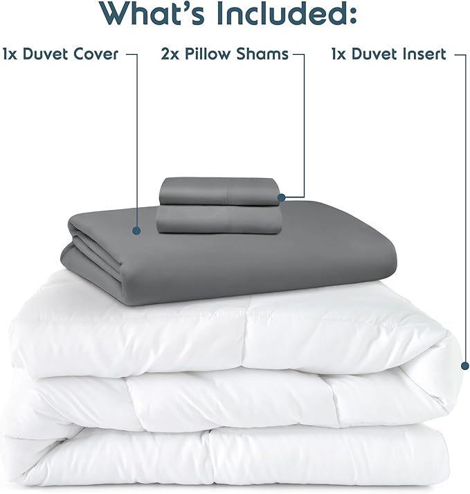 Nestl Queen Duvet Cover Set with Comforter Insert - Grey 4 Piece 90x90 Duvet Cover & 2 Pillow Shams with White Quilted Down Alternative Comforter, Ultra Soft, All Season