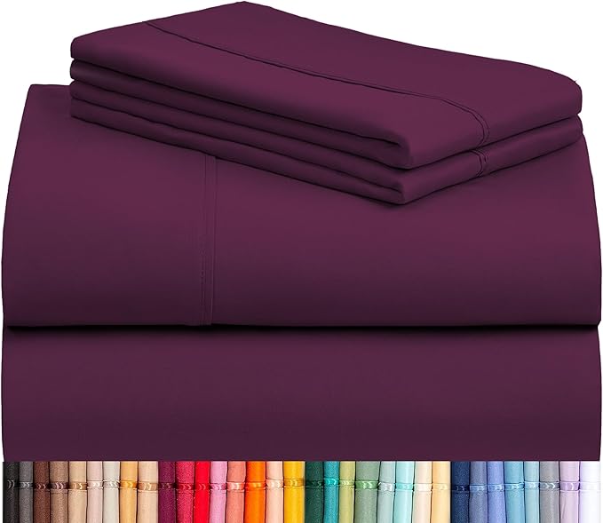 LuxClub 4 PC King Sheet Set, Breathable Luxury Bed Sheets, Deep Pockets 18" Wrinkle Free Cooling Bed Sheets Machine Washable Hotel Bedding Silky Soft - Eggplant King