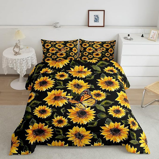 Feelyou Sunflower Bedding Set Girls Yellow Floral Butterfly Comforter Chic Flowers Pattern Comforter Set for Kids Teens Botanical Nature Duvet Set Ultra Soft Room Decor Queen Size…