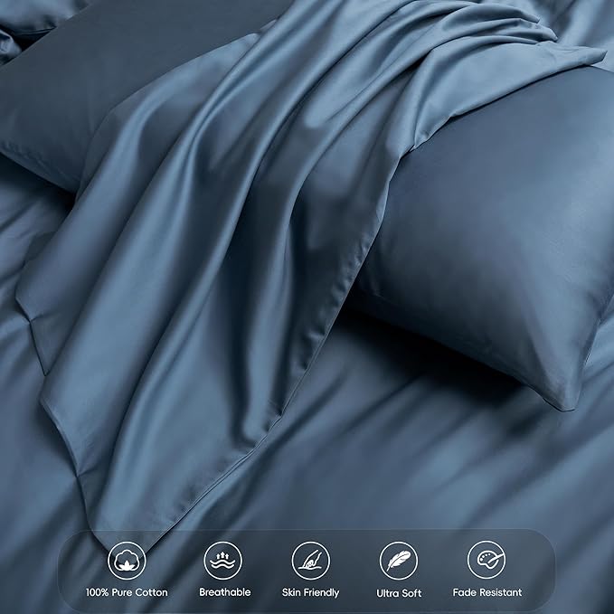 MooMee Duvet Cover Set 100% Extra Long Staple Cotton 600 Thread Count Silky Sateen Smooth Luxury Soft Breathable Durable Hotel Quality Bedding, 3 Pieces (Dark Blue, King 104"x90")