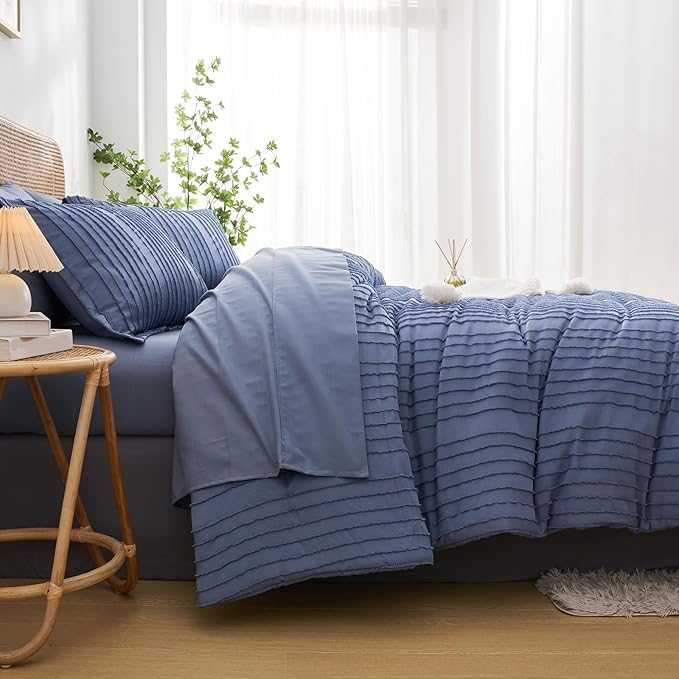 WURUIBO Comforter Set Size, Blue Comforter Set King Size, 7 Pieces Bed in a Bag, Ultra Soft Queen Bedding Set, Bed Set for All Seasons, Flat Sheet, Fitted Sheet, Pillowcases, Pillow Shams