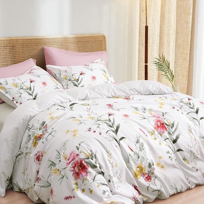 PHF Ultra Soft Floral Duvet Cover King Size, Printed Bedding Set 3 Pieces, Comfy Durable Farmhouse Duvet Cover Set with 2 Pillow Shams, Zipper Closure and 8 Ties, 104"x90", White & Yellow