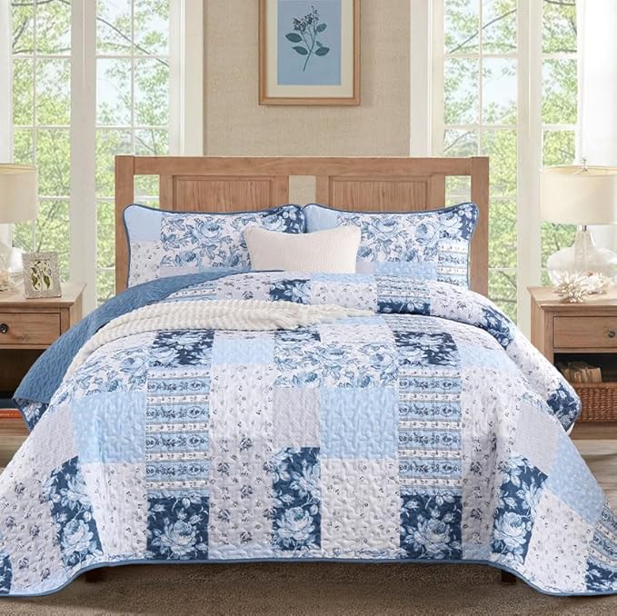 Anibedding Blue Patchwork Quilt Set King Size Boho Floral Plaid Bedspread Coverlet Set, Farmhouse Soft Microfiber Bedding Set, Blue Summer Bed Cover with 2 Pillowcases for All Season