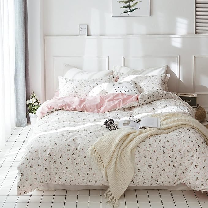 HighBuy Girl Floral Duvet Cover Queen Cotton Pink Flower Coquette Bedding Comforter Covers Queen Bedding Set Pink White Lightweight Soft for Girls Garden Style Duvet Cover for Children