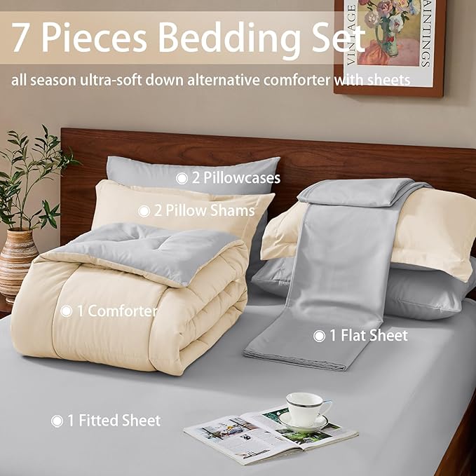 FUANNA Queen Comforter Set 7 Pieces, Reversible Bed in a Bag with All Season Soft Comforter, Bedding Sets Includes Comforter, Flat Sheet, Fitted Sheet, Pillowcases & Shams, Cream White & Light Grey