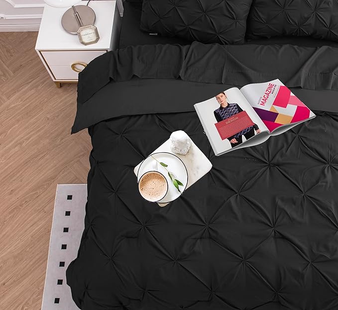 LANE LINEN 7 PCs Comforter Set Queen Size - Hotel Style Black Queen Comforter Set with Sheets - All-Season Puffy, Trendy Design, Deep Pocket Sheets, Pillowcases & Shams - Durable Queen Bed Set – Black | Extra puffy feel, Durable daily use, Secure pocke...