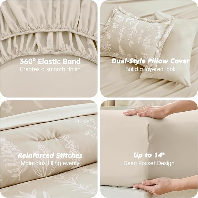 MUXHOMO Beige King Comforter Set, Elegant Floral Print Bed in a Bag 7 Pieces, Ultra Soft & Breathable Reversible Botanical Pattern Bedding Set with Comforter, Sheets, Pillowcases, and Shams