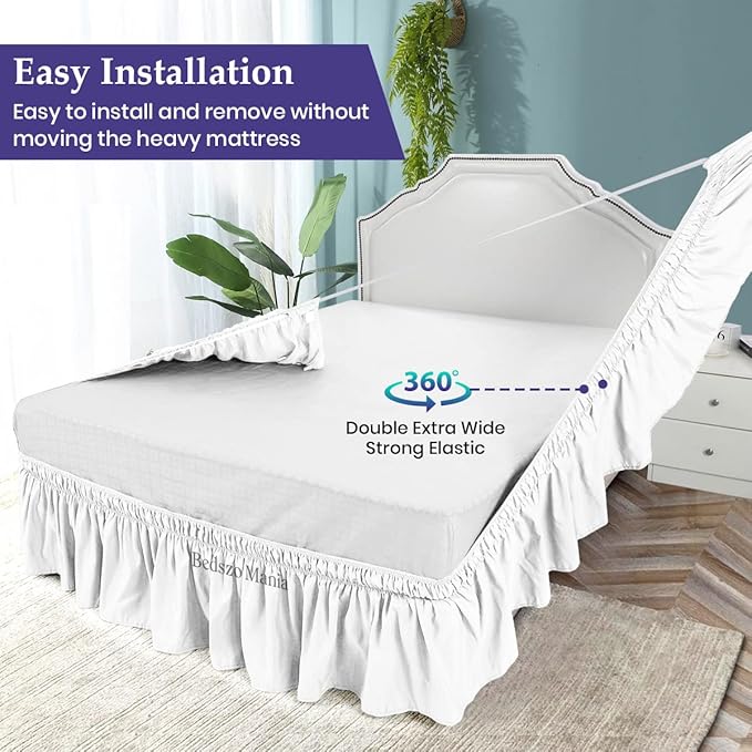 Wrap Around Bed Skirt 10" Inch Drop 100% MicrofibreFabric 1-Piece Bed Skirt Easy Fit Easy Care Fade & Wrinkle Resistant - King Size (78"X80"), White Color