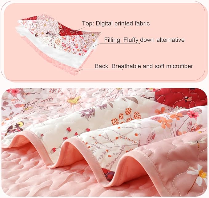 Whale Flotilla Patchwork Quilt King Size, Extra Soft Boho Floral Bedspreads for Bed Reversible Lightweight King Quilt Bedding Set Printed Coverlets with 2 Pillow Shams for All Seasons, Red