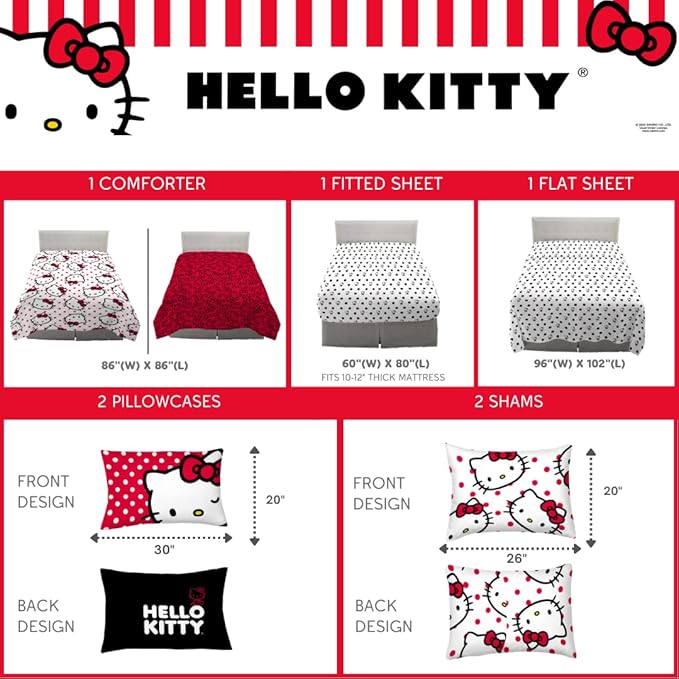 Franco Collectibles Hello Kitty Polka Dot Bedding 7 Piece Super Soft Comforter and Sheet Set with Sham, Queen, (Official Licensed Product)