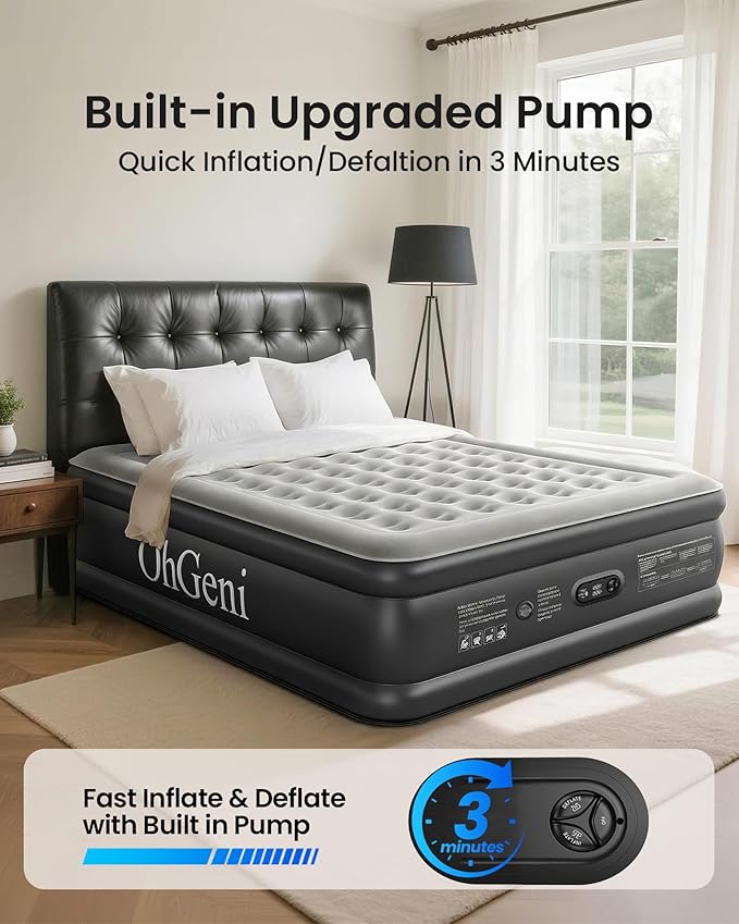 OhGeni King Air Mattress Family Choice Award with Built-in Pump,18'' Comfortable Blow Up Colchones Inflables Mattress for Home,Guests, Portable Air Bed for Adults, Airbed Supports Up to 700 lbs,Black