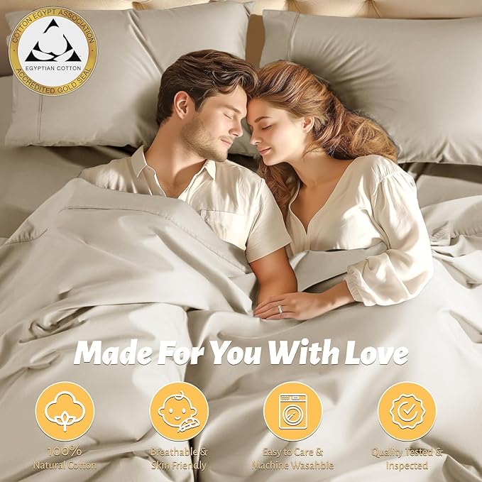 Shilucheng 100% Egyptian Cotton Queen Size Sheets Set - 1000 Thread Count，Luxury Cotton Bed Sheets，Breathable & Cooling Bedding and Pillow Cases, 16 Inch Deep Pocket - 4 Piece(Cream,Queen)