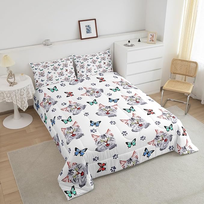 Feelyou Kids Cute Cat Comforter Set Colorful Butterfly Cute Kitten Bedding Set for Boys Girls Cartoon Pet Cats Comforter Kawaii Animal Quilt Room Decor Duvet Set Twin Size Boys