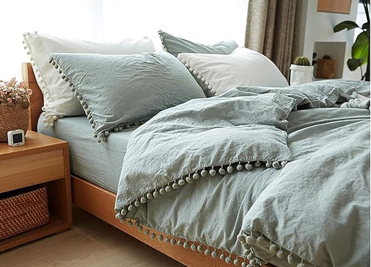 TanNicoor Pom Fringe Duvet Cover Set - 2 Piece Natural Ultra SOFE Color Washed Microfiber Bedding Set, Modern Style Down Comforter Quilt Cover with Zipper Closure(Full, Green)
