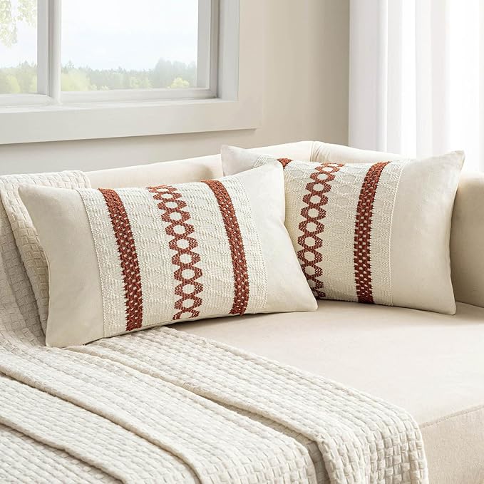 MIULEE Set of 2 Rust Decorative Lumbar Pillow Covers 12x20 Inch Farmhouse Rustic Boho Couch Throw Pillows Modern Cotton Cushion Covers Retro Cute Macrame Woven Home Decor for Bed Sofa Chair