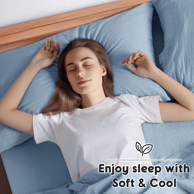 SONORO KATE 100% French Pure Linen Sheets, Breathable and Durable, 16 Inch Deep Pocket - 4 Piece (Dusty Blue, California King)