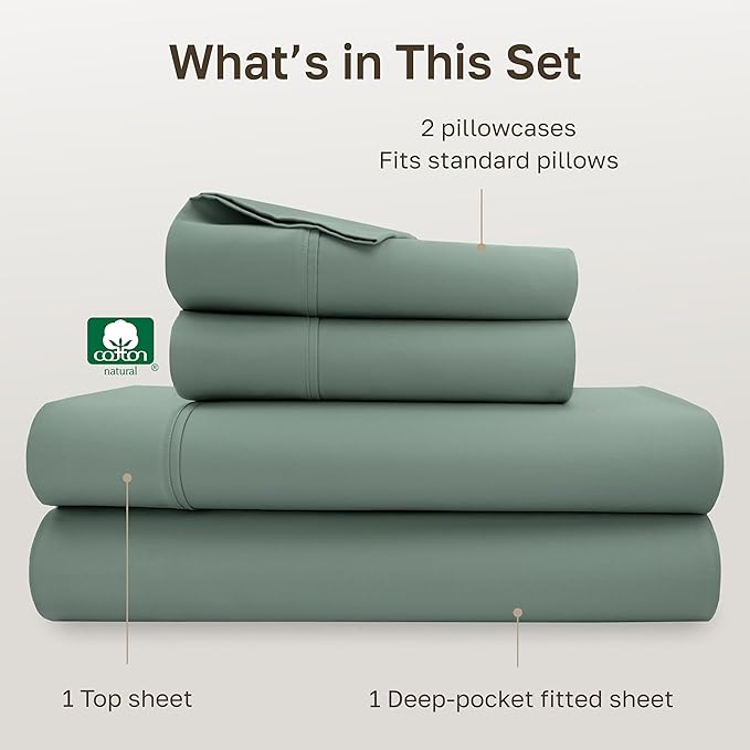 California Design Den Full Size Bed Sheets Set - Soft 400 Thread Count Sateen, Natural 100% Cotton Sheets with Deep Pockets, Breathable, and Durable Bedding Set - Sage Green