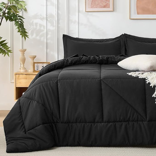7 Pieces Queen Comforter Set - Utral Soft Microfiber Bedding Set, Thick Duvet Insert Bed in a Bag Without Rustling Noise for All Season, Black (88"x88")