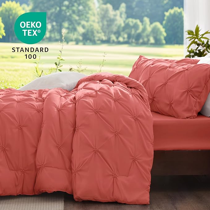 BEDELITE Coral Queen Comforter Set - 3 Pieces Boho Pintuck Bedding Comforter Sets, Lightweight Soft & Warm Bed Comforter Queen with 2 Pillowcases for All Season