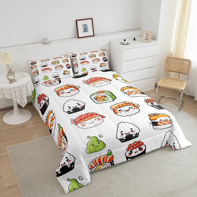 Feelyou Sushi Pattern Comforter Set Japanese-Style Bedding Set for Kids Boys Girls Teens Food Theme Comforter Cute Cartoon Japanese Sushi Duvet Set Room Decor Quilt Set Queen Size Microfiber