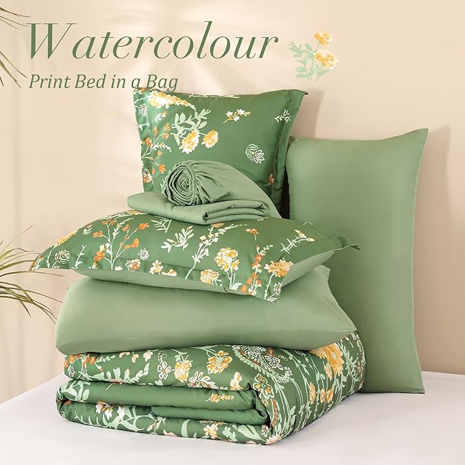 Yiran 7 Piece Sage Green Floral Comforter Set Queen Size, Watercolour Botanical Comforter Bedding Set, Bed in a Bag Queen, Soft Microfiber Complete Bedding Set with Sheets for All Season