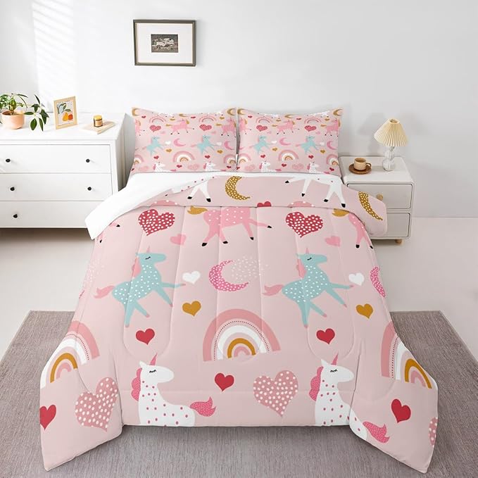 Feelyou Unicorn Comforter Set Kids Cute Cartoon Unicorns Decor Comforter for Girls Pink Bedding Set Rainbow Duvet Set Twin Size Quilt Boys