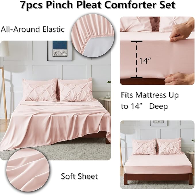 CozyLux Oversized King Comforter Sets Blush Pink, 7 Pieces Oversized King Pintuck Bed in A Bag, Pinch Pleat Bedding Sets with All Season Comforter, Flat Sheet, Fitted Sheet, Pillowcases & Shams