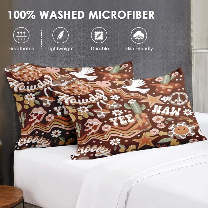 Full Size Comforter Set with 2 Pillowcases, 70S Retro Western Hippie Cowboy Soft 3 Pcs Bedding for Kids and Adults Bedroom Bed Decor