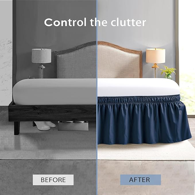 FreshCulture King Bed Skirt, Dust Ruffle for King Size Bed, Easy Fit with 15-Inch Tailored Drop, Elastic Wrap Around Bed Skirt King Size, Hotel Quality Bed Skirts for Adjustable Bed (Navy Blue)