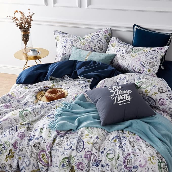 Cupocupa Duvet Cover Set, King, Microfiber, White Paisley Pattern, Boho Floral, 3 Pcs