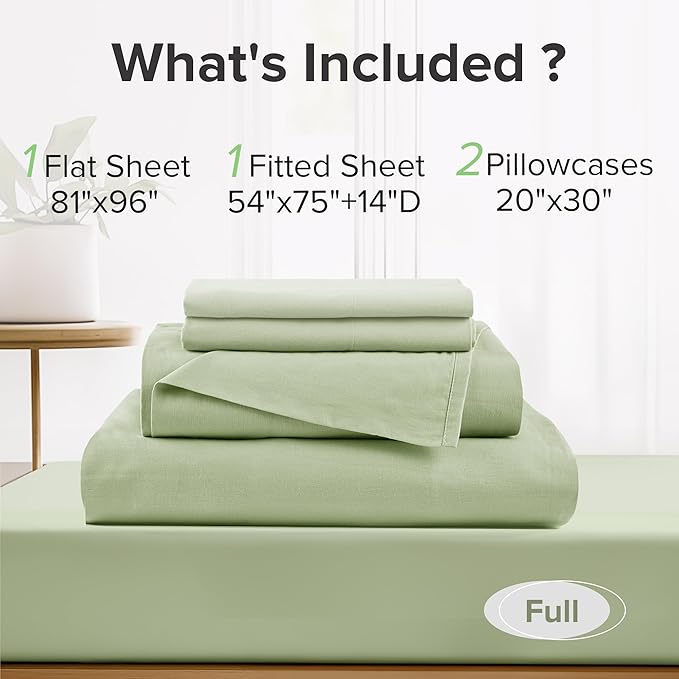 Comfort Spaces 100% Cotton Sheets Full, Breathable & Soft Cotton Sheets, Naturally Cool Cotton Bed Sheets with 14" Elastic Pocket Fits up to 16" Mattress, All Seasons Sheet Set, Sage Green 4 Piece