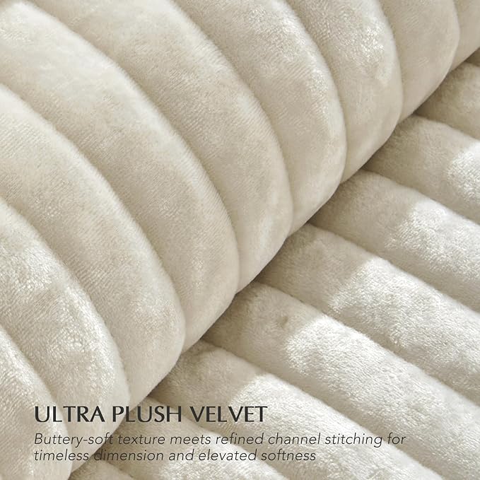 EVERGRACE Velvet Quilt Set Queen Size, Luxurious Soft Striped Channel Bedding Set, Lightweight Velvet Comforter for All Season, Oversized Bedspread Coverlet with 2 Matching Shams, Beige