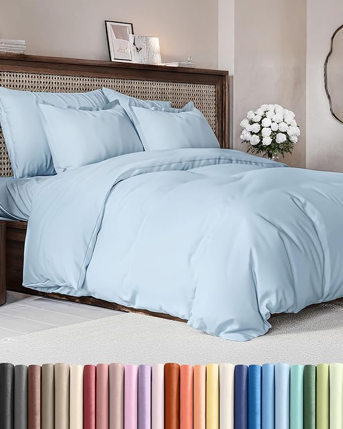 Duvet Cover King Size - Extra Soft King Size Duvet Cover - Lightweight & Breathable - Easy Care & Fade Free with Zipper Closures & Ties - 104" x 90" Inches - (Light Blue) Comforter Not Included