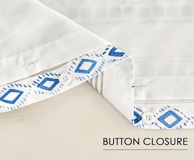 SLEEPBELLA Boho King Size Duvet Cover Set - Cotton Reversible Blue/White with Button Closure & Soft, Breathable Fabric