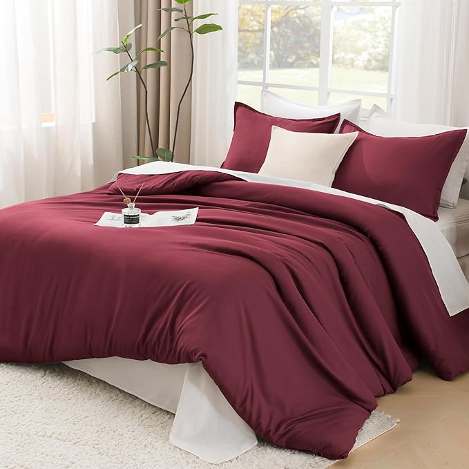 Litanika Burgundy Red Comforter Set Queen Size, 3 Pieces Lightweight Solid Bedding Comforter Set, All Season Fluffy Bed Set (90x90In Comforter & 2 Pillowcases)