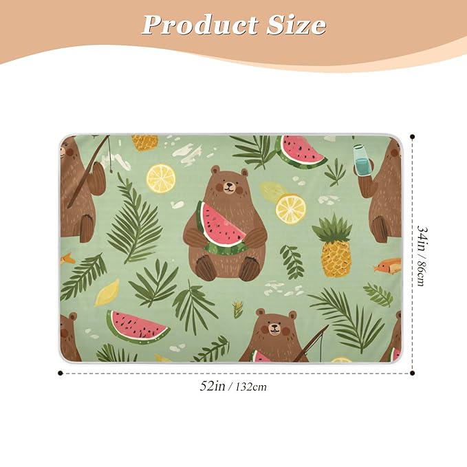 Waterproof Bed Pad Reusable Changing Pad Toddler Mattress Protector Large Pee Pad Baby Diaper Pad Soft Washable Liner Summer Watermelon Brown Bears Green