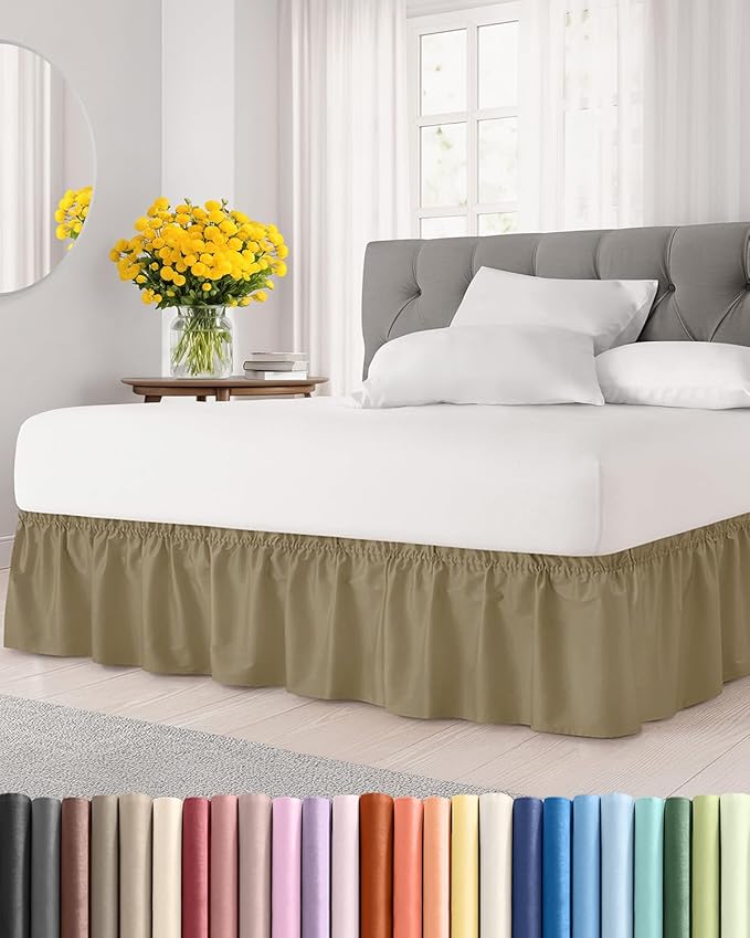 Wrap Around Dust Ruffle Bed Skirt - Khaki - for Queen Size Beds w/ 15 Inch Drop - Easy Fit Elastic Strap - Adjustable Pleated Bedskirt w/Brushed Fabric - Wrinkle Free - for Women, Men, Kids & Teens
