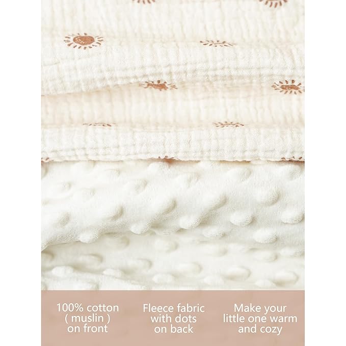 Konssy Baby Blankets for Unisex Boys Girls, Super Soft Nursery Minky Blankets with Muslin Cotton Front and Dotted Fleece Backing, Printed Bed Throws Newborn