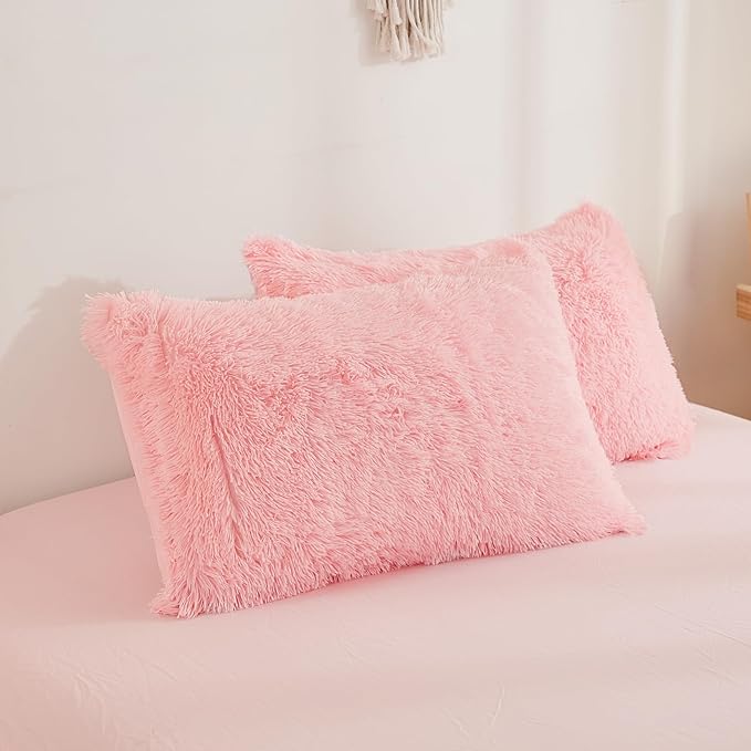 annadaif Fluffy Duvet Cover Full Size, Pink Plush Shaggy Faux Fur Comforter Cover Velvet Bedding Set with Zipper Closure(1 Duvet Cover, 2 Pillowcases)