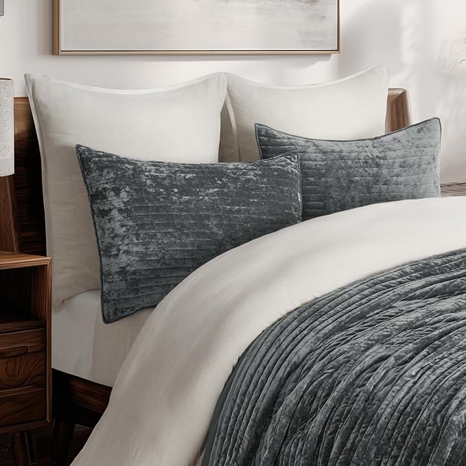 EVERGRACE Velvet Quilt Set King Size, Luxurious Soft Striped Channel Bedding Set, Lightweight Velvet Comforter for All Season, Oversized Bedspread Coverlet with 2 Matching Shams, Charcoal Gray