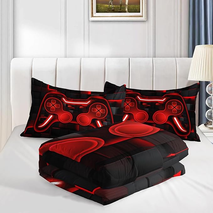 Axolotl Gamepad Comforter Set Full Size,Red Grid Print Bedding Set,Boys Gaming Console Comforter Set,Video Gaming Controller Bedding Set for Teens Men Adults,1 Quilt 2 Pillowcases,Red Black