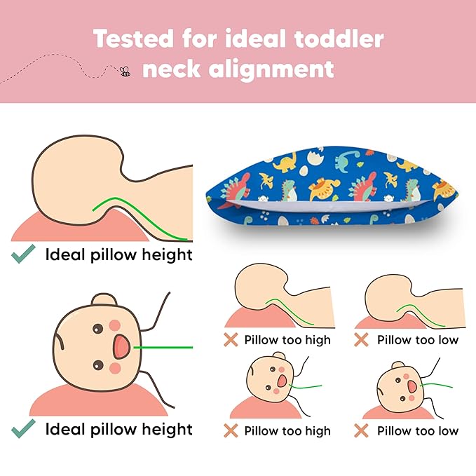 Toddler Pillow with Pillowcase - 13x18 My Little Dreamy Kids Travel Bed Pillows for Sleeping, Organic Cotton Small Pillowcase, Soft & Breathable, Machine Washable, Toddlers 2-5 years old (DinoWorld)